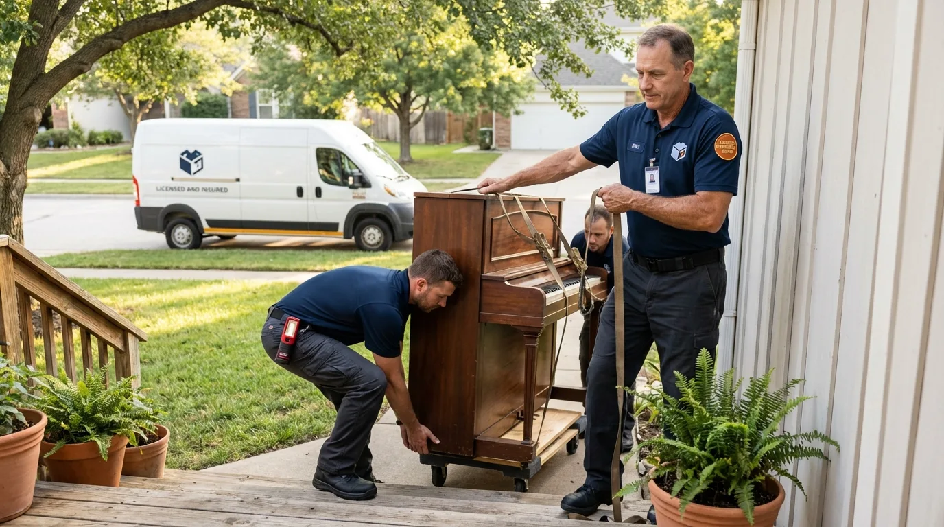 Licensed piano movers securing grand piano in Norfolk, MA