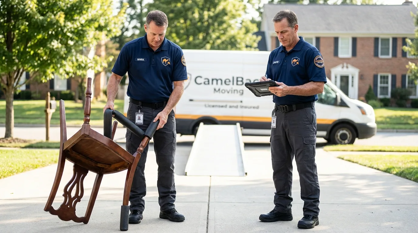 Movers inspecting furniture for damage prevention before loading in Norfolk, MA