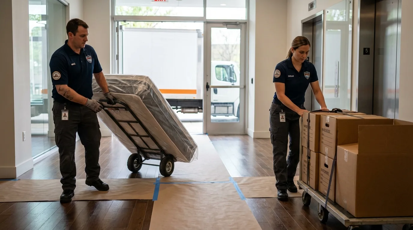 Professional apartment movers loading elevator in Norfolk, MA